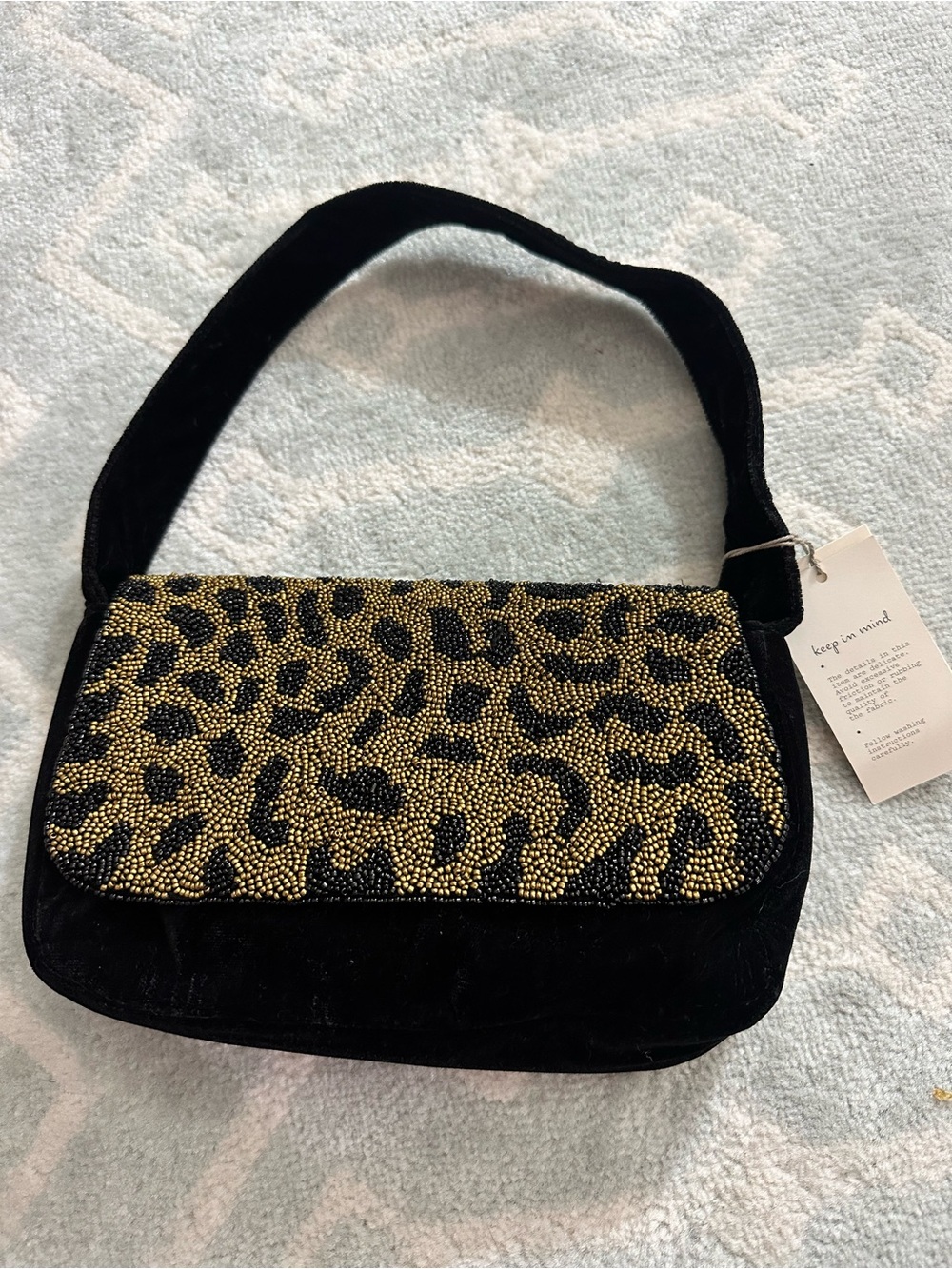 a new day Black Velvet Shoulder Bag with Gold Beaded Leopard Flap